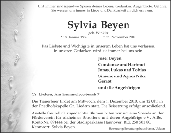 Traueranzeige von Sylvia Beyen von ALLGEMEINE ZEITUNG UELZEN