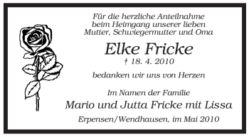 Traueranzeige von Elke Fricke von ALLGEMEINE ZEITUNG UELZEN