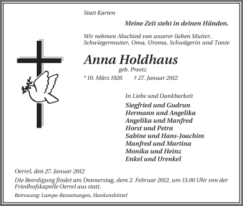 Traueranzeige von Anna Holdhaus von ALLGEMEINE ZEITUNG UELZEN