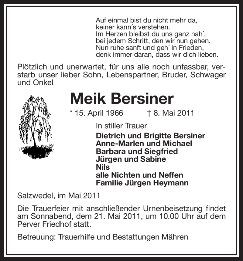  Traueranzeige für Meik Bersiner vom 11.05.2011 aus ALLGEMEINE ZEITUNG UELZEN
