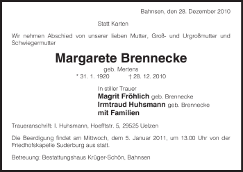 Traueranzeige von Margarete Brennicke von ALLGEMEINE ZEITUNG UELZEN