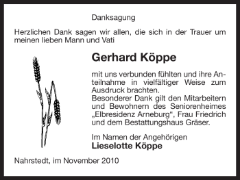 Traueranzeige von Gerhard Köppe von ALLGEMEINE ZEITUNG UELZEN