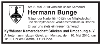 Traueranzeige von Hermann Bunge von ALLGEMEINE ZEITUNG UELZEN