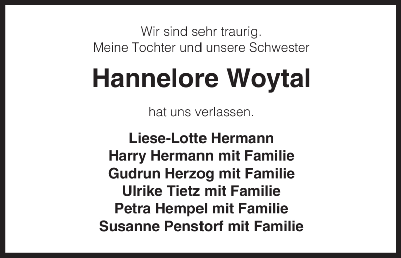  Traueranzeige für Hannelore Woytal vom 22.08.2012 aus ALLGEMEINE ZEITUNG UELZEN