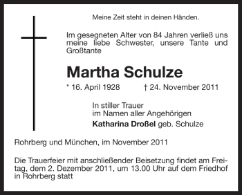 Traueranzeige von Martha Schulze von ALLGEMEINE ZEITUNG UELZEN