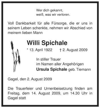 Traueranzeige von Willi Spichale von ALLGEMEINE ZEITUNG UELZEN