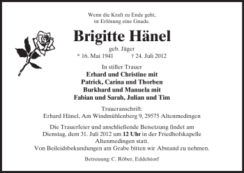 Traueranzeige von Brigitte Hänel von ALLGEMEINE ZEITUNG UELZEN