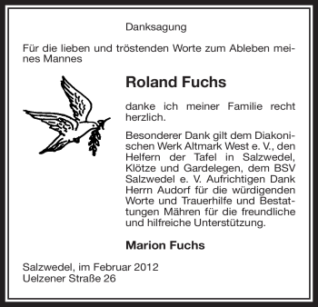Traueranzeige von Roland Fuchs von ALLGEMEINE ZEITUNG UELZEN