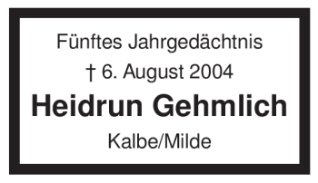 Traueranzeige von Heidrun Gehmlich von ALLGEMEINE ZEITUNG UELZEN