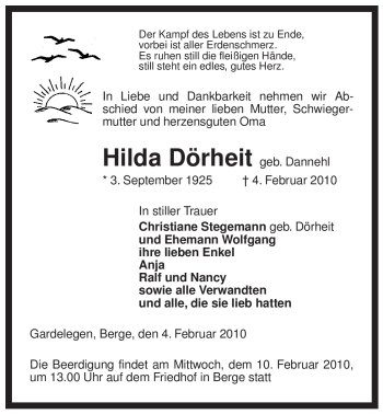 Traueranzeige von Hilda Dörheit von ALLGEMEINE ZEITUNG UELZEN