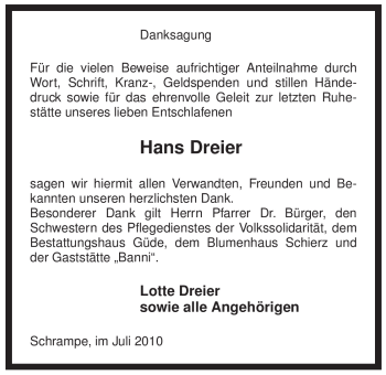 Traueranzeige von Hans Dreier von ALLGEMEINE ZEITUNG UELZEN