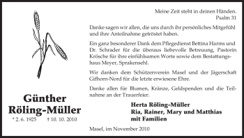 Traueranzeige von Günther Röling-Müller von ALLGEMEINE ZEITUNG UELZEN