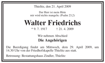 Traueranzeige von Walter Friedrichs von ALLGEMEINE ZEITUNG UELZEN