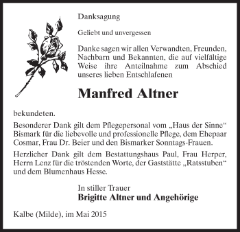 Traueranzeige von Manfred Altner von Uelzen