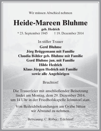 Traueranzeige von Heide-Mareen Bluhme von Uelzen