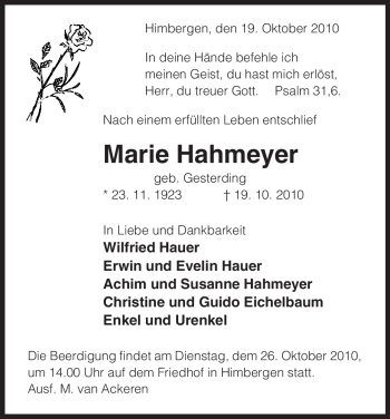 Traueranzeige von Marie Hahmeyer von ALLGEMEINE ZEITUNG UELZEN