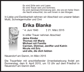 Traueranzeige von Erika Blanke von Uelzen