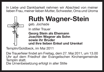 Traueranzeige von Ruth Wagner-Stein von ALLGEMEINE ZEITUNG UELZEN