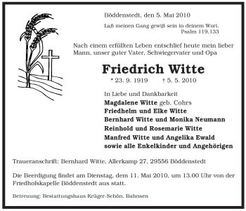 Traueranzeige von Friedrich Witte von ALLGEMEINE ZEITUNG UELZEN