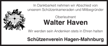 Traueranzeige von Walter Haven von ALLGEMEINE ZEITUNG UELZEN