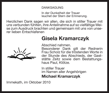 Traueranzeige von Gisela Kramarczyk von ALLGEMEINE ZEITUNG UELZEN