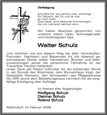 Traueranzeige von Walter Schulz von ALLGEMEINE ZEITUNG UELZEN