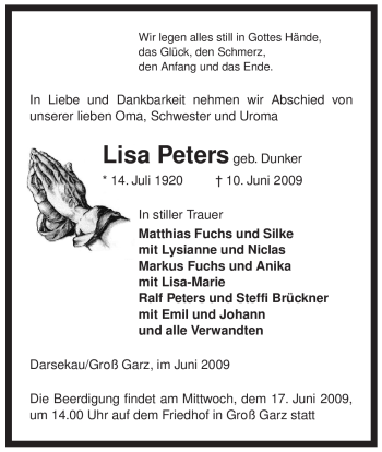 Traueranzeige von Lisa Peters von ALLGEMEINE ZEITUNG UELZEN