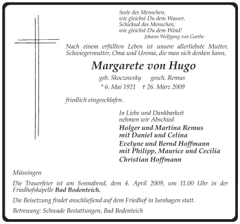 Traueranzeige von Margarete Hugo von ALLGEMEINE ZEITUNG UELZEN