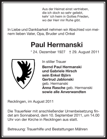 Traueranzeige von Paul Hermanski von ALLGEMEINE ZEITUNG UELZEN