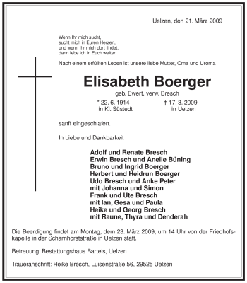 Traueranzeige von Elisabeth Boerger von ALLGEMEINE ZEITUNG UELZEN