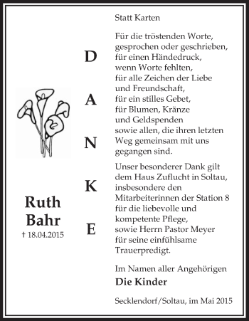 Traueranzeige von Ruth Bahr von Uelzen