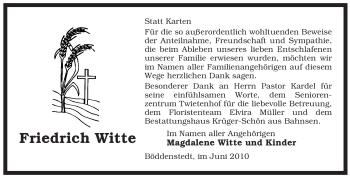 Traueranzeige von Friedrich Witte von ALLGEMEINE ZEITUNG UELZEN