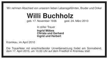 Traueranzeige von Willi Buchholz von ALLGEMEINE ZEITUNG UELZEN