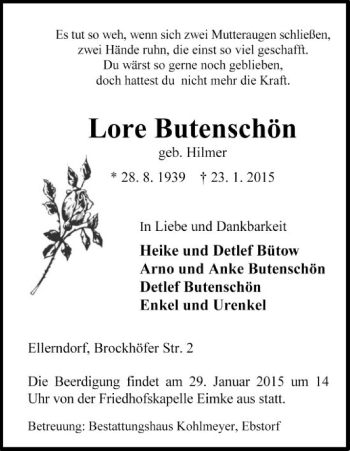 Traueranzeige von Lore Butenschön von Uelzen