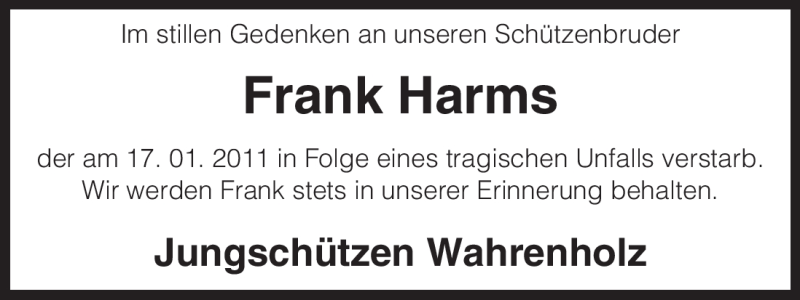  Traueranzeige für Frank Harms vom 25.01.2011 aus ALLGEMEINE ZEITUNG UELZEN