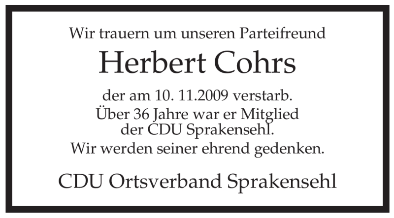  Traueranzeige für Herbert Cohrs vom 13.11.2009 aus ALLGEMEINE ZEITUNG UELZEN