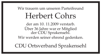 Traueranzeige von Herbert Cohrs von ALLGEMEINE ZEITUNG UELZEN