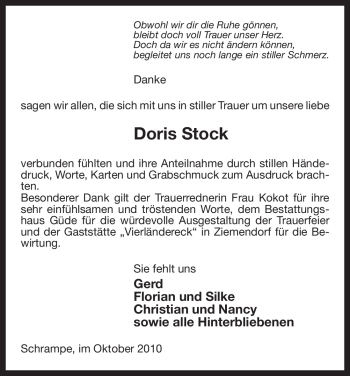 Traueranzeige von Doris Stock von ALLGEMEINE ZEITUNG UELZEN