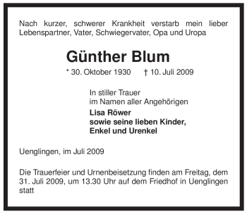 Traueranzeige von Günther Blum von ALLGEMEINE ZEITUNG UELZEN