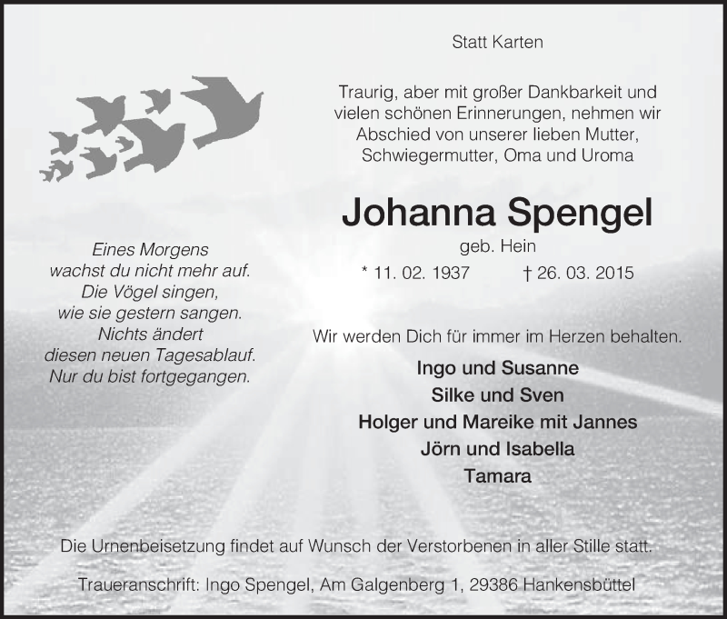  Traueranzeige für Johanna Spengel vom 31.03.2015 aus Uelzen