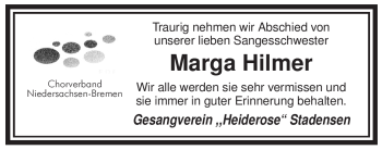 Traueranzeige von Marga Hilmer von ALLGEMEINE ZEITUNG UELZEN