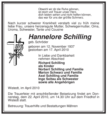 Traueranzeige von Hannelore Schilling von ALLGEMEINE ZEITUNG UELZEN