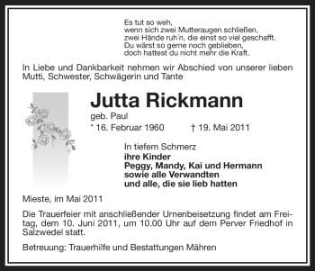 Traueranzeige von Jutta Rickmann von ALLGEMEINE ZEITUNG UELZEN