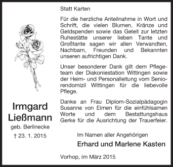 Traueranzeige von Irmgard Ließmann von Uelzen