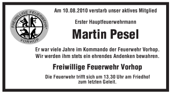 Traueranzeige von Martin Pesel von ALLGEMEINE ZEITUNG UELZEN