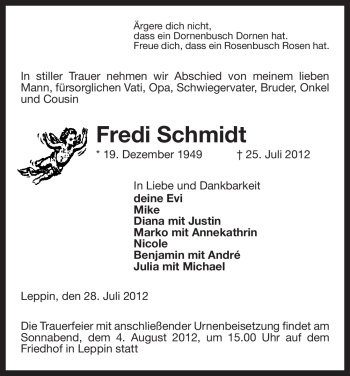 Traueranzeige von Fredi Schmidt von ALLGEMEINE ZEITUNG UELZEN