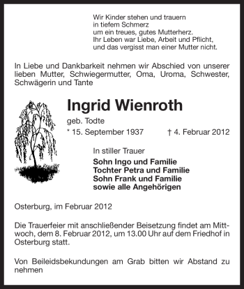 Traueranzeige von Ingrid Wienroth von ALLGEMEINE ZEITUNG UELZEN