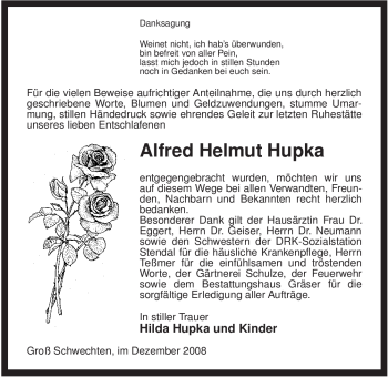 Traueranzeige von Alfred Helmut Hupka von ALLGEMEINE ZEITUNG UELZEN