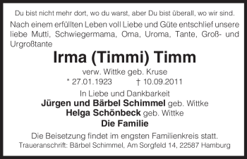 Traueranzeige von Irma Timm von ALLGEMEINE ZEITUNG UELZEN