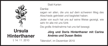 Traueranzeige von Ursula Hinterthaner von ALLGEMEINE ZEITUNG UELZEN